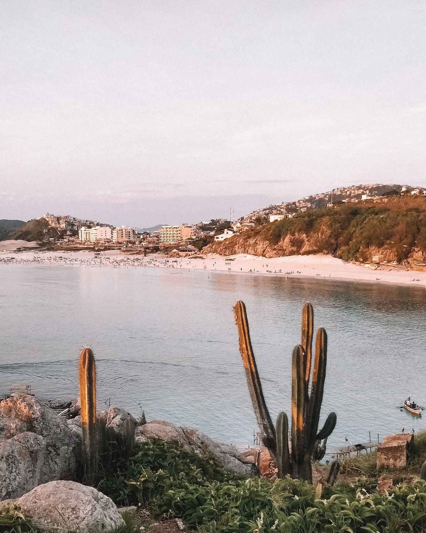 View of Playa Grande at sunset, one of the best beach options for staying in Arraial do Cabo. The scene features cacti in the foreground and hills with residential buildings in the background.