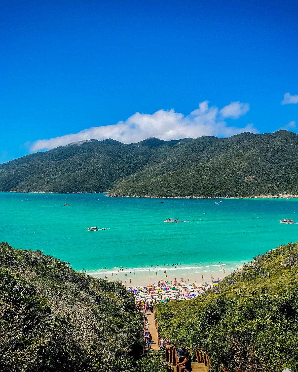 Panoramic view of Prainhas do Pontal do Atalaia in Arraial do Cabo, showing a descending trail surrounded by vegetation, a busy beach with colorful umbrellas, and crystal-clear waters, framed by mountains under a blue sky.