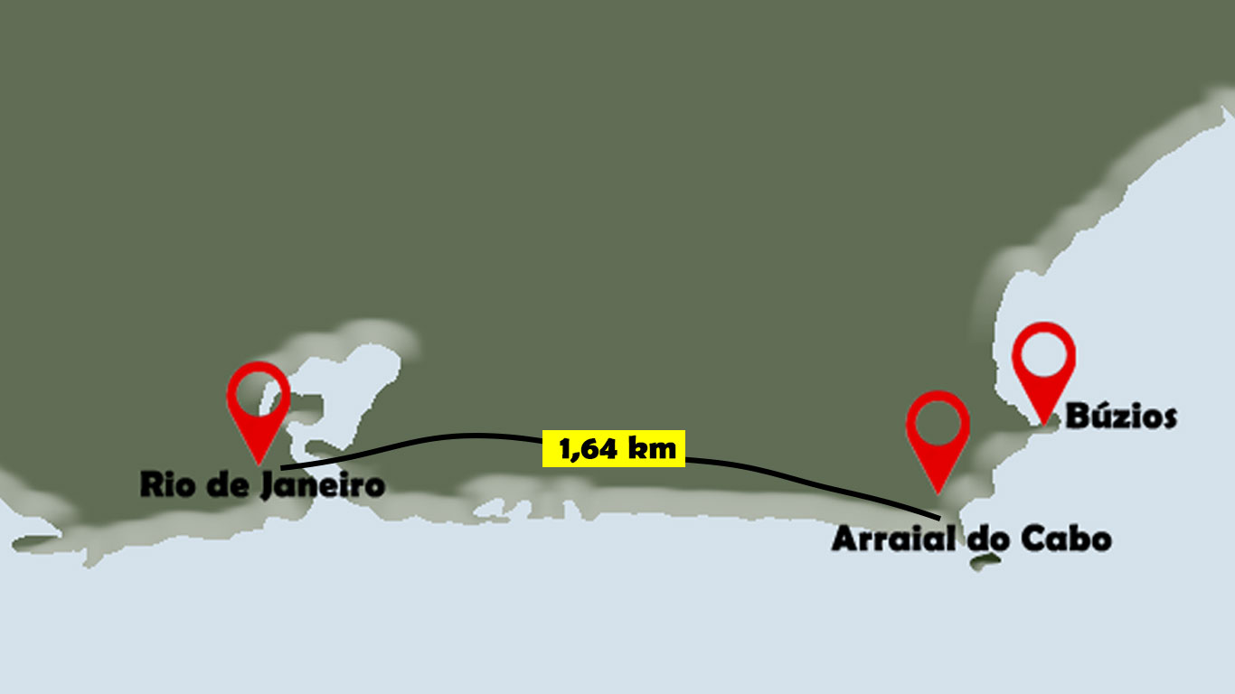 Illustration of a map showing how to get to Arraial do Cabo, indicating the route from Rio de Janeiro to Arraial do Cabo, with a highlighted distance of 164 km.