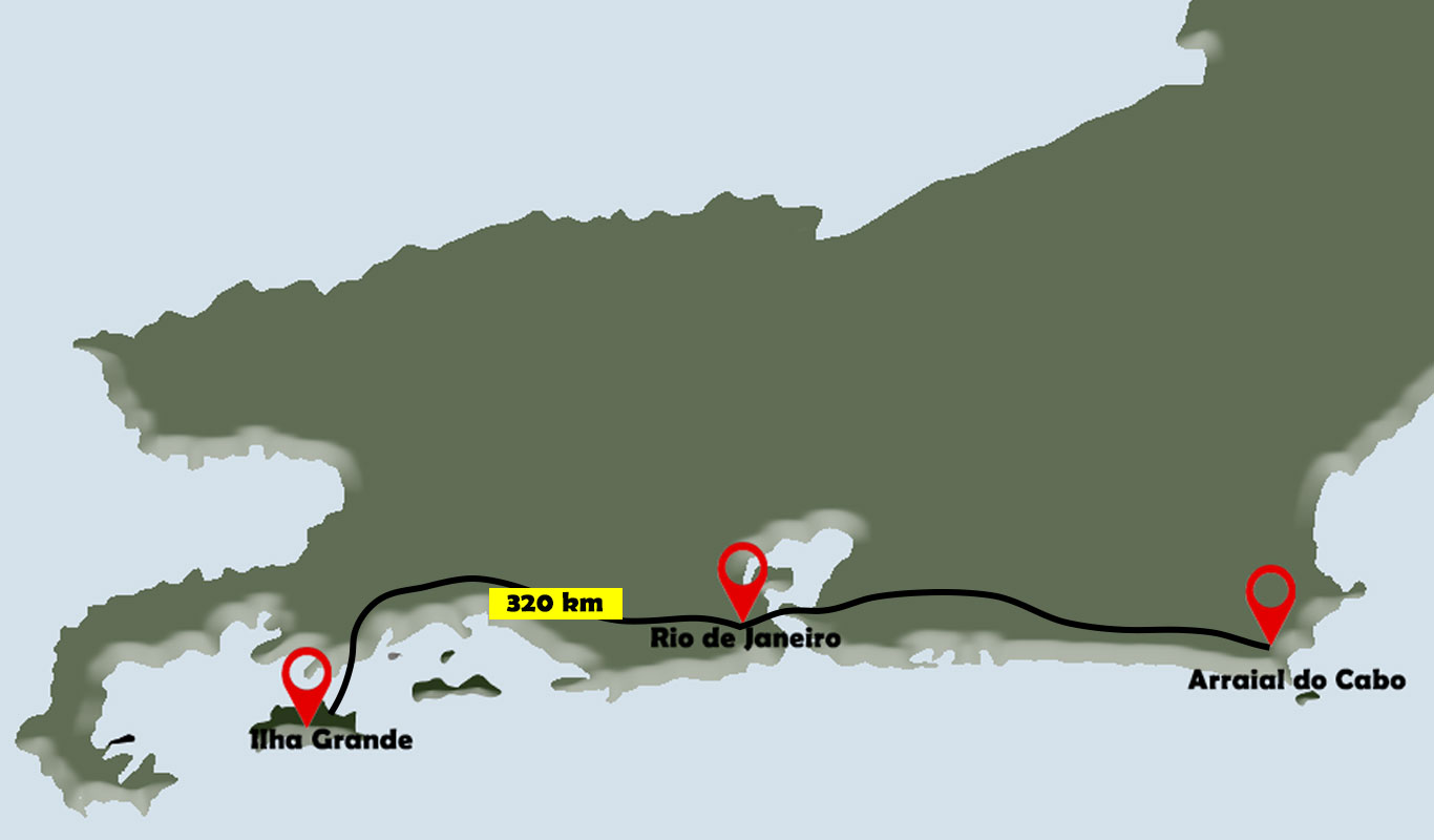 Graphic representation of the route from Ilha Grande to Arraial do Cabo, passing through Rio de Janeiro, with distances marked at 320 km.