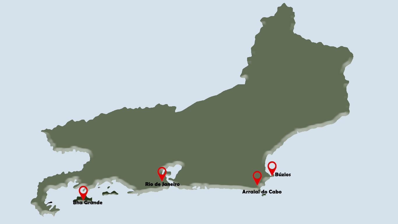 Schematic map highlighting the location of Arraial do Cabo on the Brazilian coast, along with Rio de Janeiro, Ilha Grande, and Búzios, each marked with red pins, showing the proximity of these famous tourist spots in Brazil.